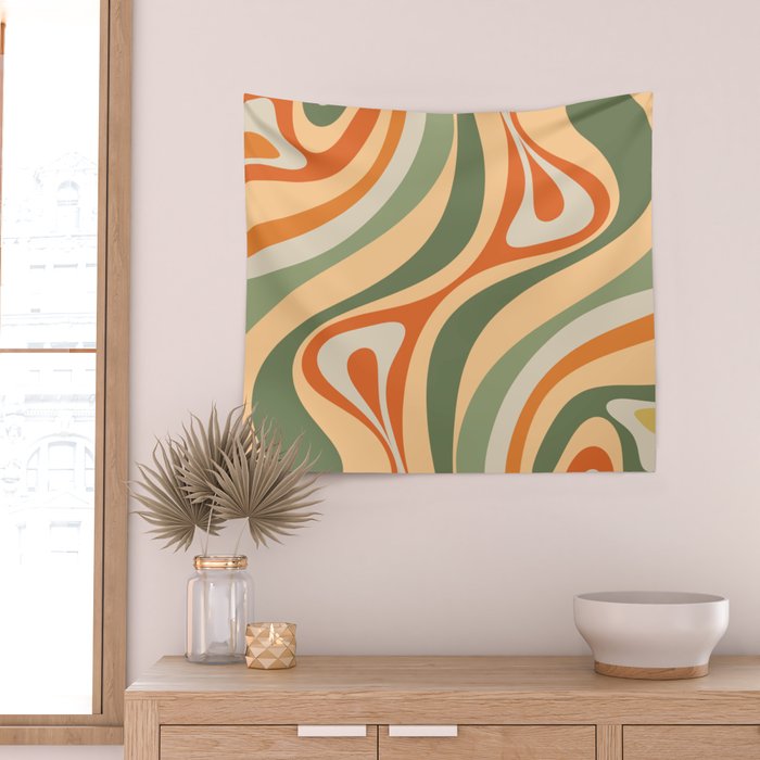 Retro Abstract New Groove Swirl Pattern in Mossy Sage Olive Green Apricot Orange Wall Tapestry Gallery Image 2