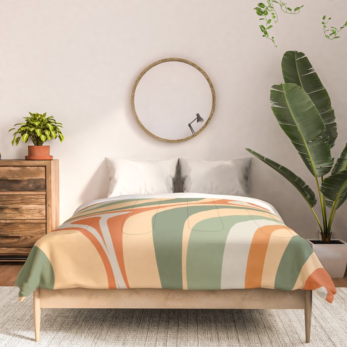 Retro Abstract New Groove Swirl Pattern in Mossy Sage Olive Green Apricot Orange Comforter Gallery Image 3