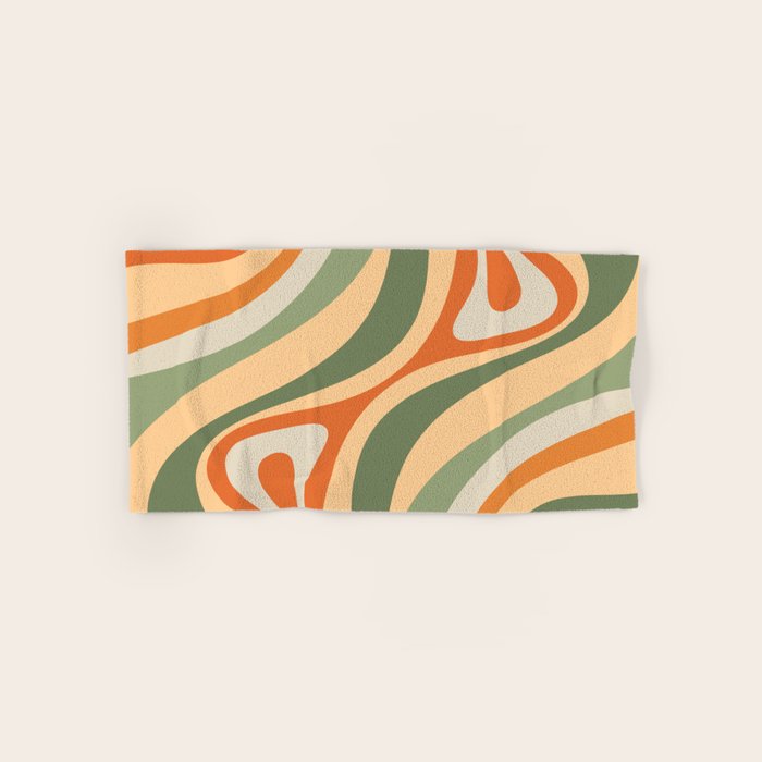 Retro Abstract New Groove Swirl Pattern in Mossy Sage Olive Green Apricot Orange Bath Towel Gallery Image 1
