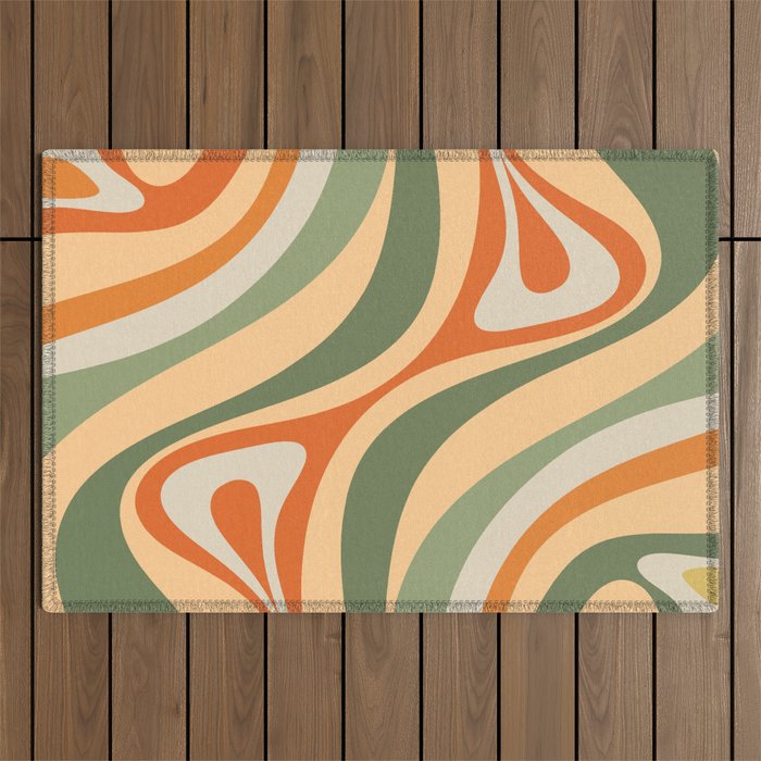 Retro Abstract New Groove Swirl Pattern in Mossy Sage Olive Green Apricot Orange Outdoor Rug Gallery Image 1