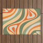 Retro Abstract New Groove Swirl Pattern in Mossy Sage Olive Green Apricot Orange Outdoor Rug Gallery Image 1