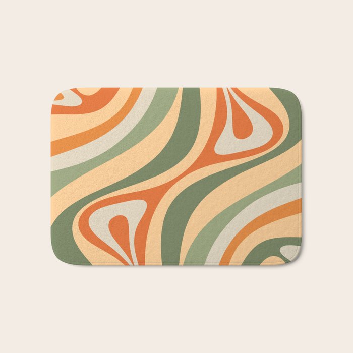 Retro Abstract New Groove Swirl Pattern in Mossy Sage Olive Green Apricot Orange Bath Mat Gallery Image 1