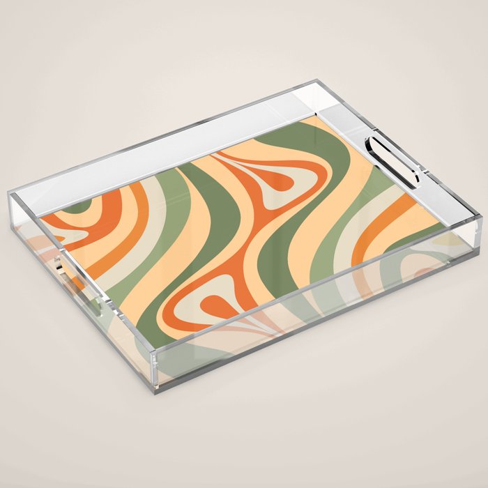 Retro Abstract New Groove Swirl Pattern in Mossy Sage Olive Green Apricot Orange Acrylic Tray Gallery Image 1