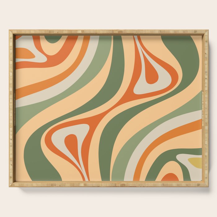 Retro Abstract New Groove Swirl Pattern in Mossy Sage Olive Green Apricot Orange Serving Tray Gallery Image 1