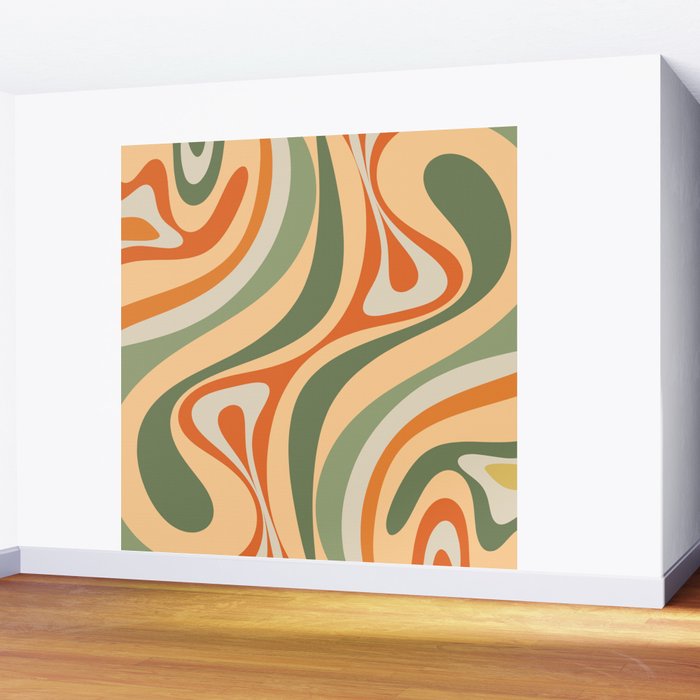 Retro Abstract New Groove Swirl Pattern in Mossy Sage Olive Green Apricot Orange Wall Mural Gallery Image 2