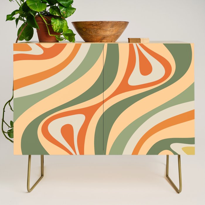 Retro Abstract New Groove Swirl Pattern in Mossy Sage Olive Green Apricot Orange Credenza Gallery Image 1