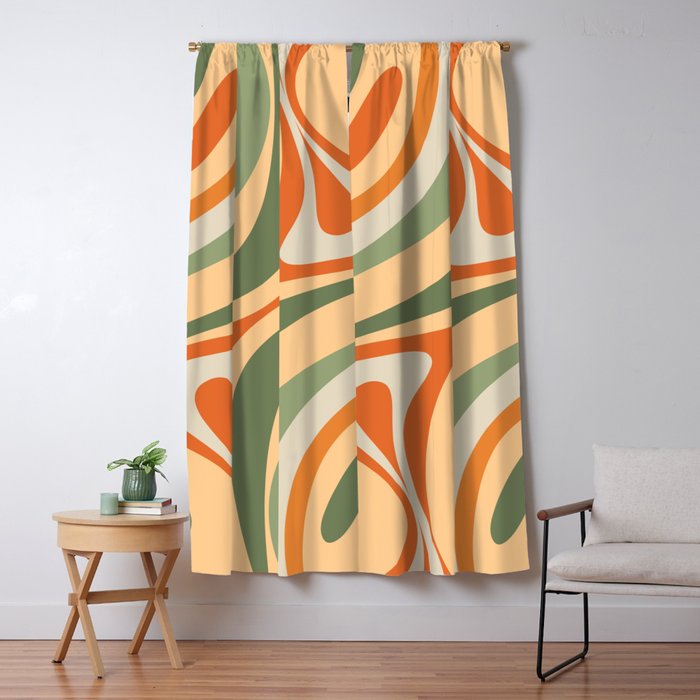 Retro Abstract New Groove Swirl Pattern in Mossy Sage Olive Green Apricot Orange Window Curtain Gallery Image 5