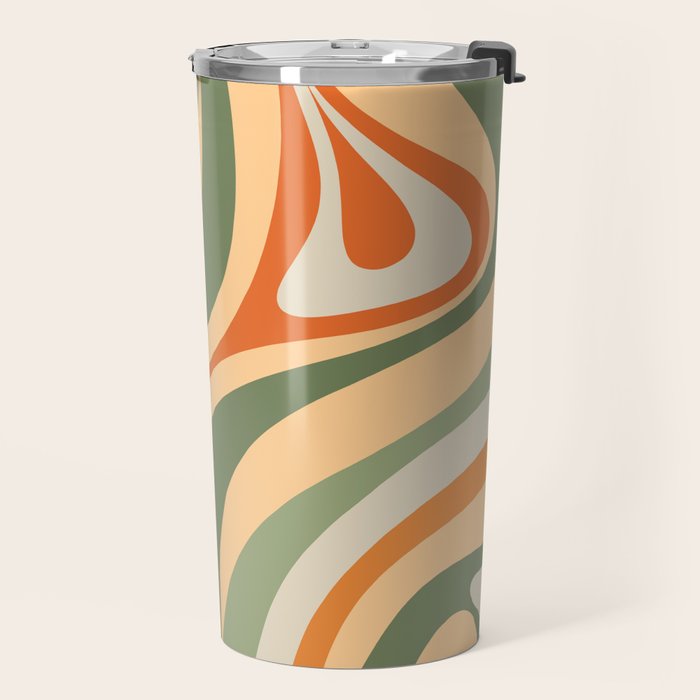 Retro Abstract New Groove Swirl Pattern in Mossy Sage Olive Green Apricot Orange Travel Mug Gallery Image 2