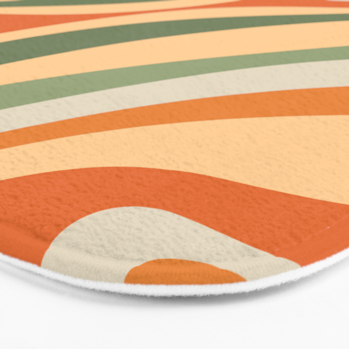 Retro Abstract New Groove Swirl Pattern in Mossy Sage Olive Green Apricot Orange Bath Mat Gallery Image 3
