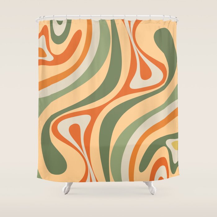 Retro Abstract New Groove Swirl Pattern in Mossy Sage Olive Green Apricot Orange Shower Curtain Gallery Image 1