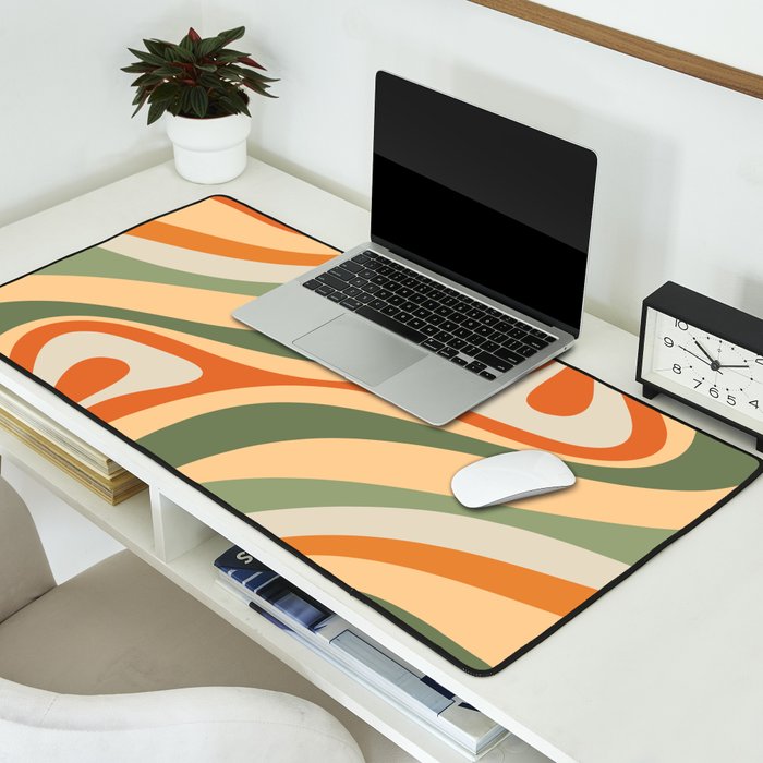 Retro Abstract New Groove Swirl Pattern in Mossy Sage Olive Green Apricot Orange Desk Mat Gallery Image 2