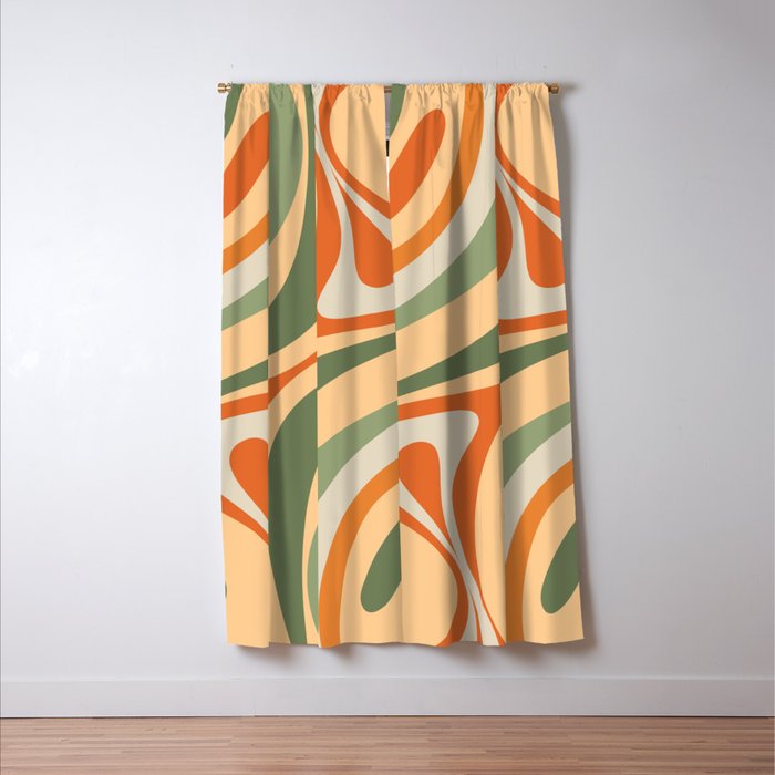 Retro Abstract New Groove Swirl Pattern in Mossy Sage Olive Green Apricot Orange Window Curtain Gallery Image 3