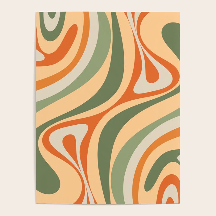 Retro Abstract New Groove Swirl Pattern in Mossy Sage Olive Green Apricot Orange Poster Gallery Image 1
