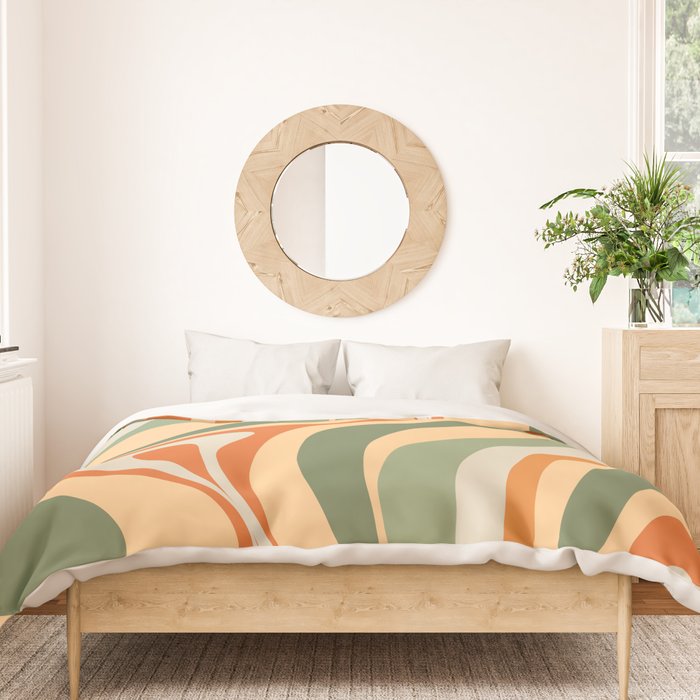 Retro Abstract New Groove Swirl Pattern in Mossy Sage Olive Green Apricot Orange Duvet Cover Gallery Image 3