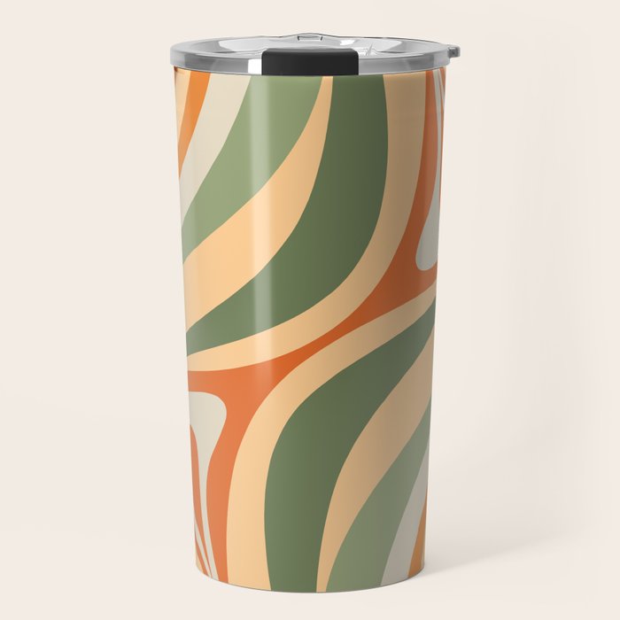 Retro Abstract New Groove Swirl Pattern in Mossy Sage Olive Green Apricot Orange Travel Mug Gallery Image 1