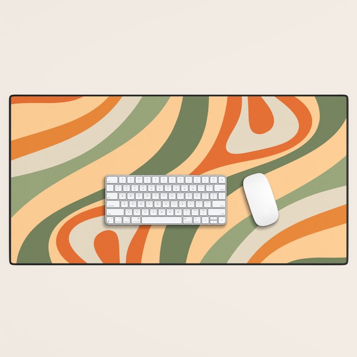 Retro Abstract New Groove Swirl Pattern in Mossy Sage Olive Green Apricot Orange Desk Mat Gallery Image 1