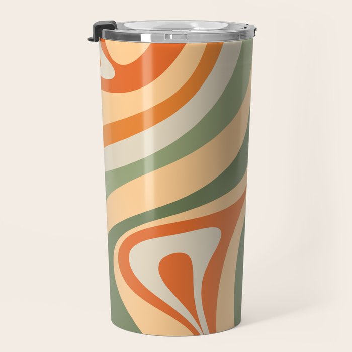 Retro Abstract New Groove Swirl Pattern in Mossy Sage Olive Green Apricot Orange Travel Mug Gallery Image 3