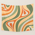 Retro Abstract New Groove Swirl Pattern in Mossy Sage Olive Green Apricot Orange Wall Tapestry Gallery Image 4