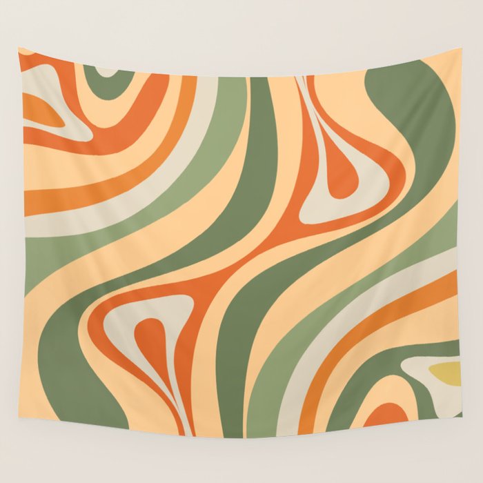 Retro Abstract New Groove Swirl Pattern in Mossy Sage Olive Green Apricot Orange Wall Tapestry Gallery Image 4