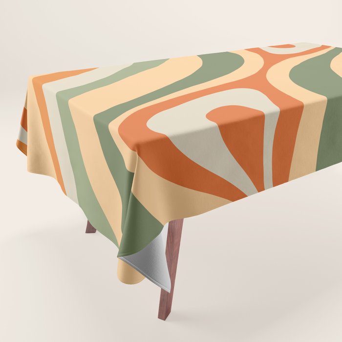 Retro Abstract New Groove Swirl Pattern in Mossy Sage Olive Green Apricot Orange Tablecloth Gallery Image 1