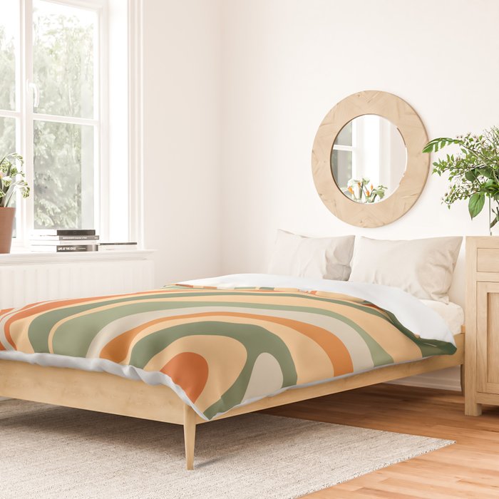 Retro Abstract New Groove Swirl Pattern in Mossy Sage Olive Green Apricot Orange Duvet Cover Gallery Image 2