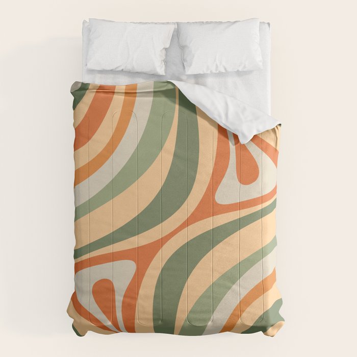 Retro Abstract New Groove Swirl Pattern in Mossy Sage Olive Green Apricot Orange Comforter Gallery Image 6