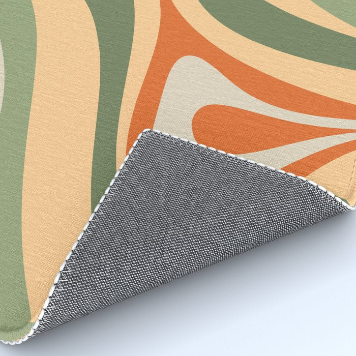 Retro Abstract New Groove Swirl Pattern in Mossy Sage Olive Green Apricot Orange Rug Gallery Image 4