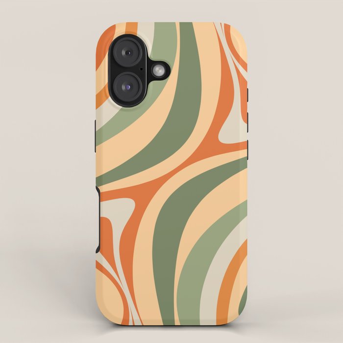 Retro Abstract New Groove Swirl Pattern in Mossy Sage Olive Green Apricot Orange iPhone Case Gallery Image 1
