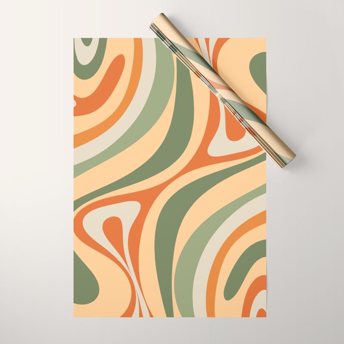 Retro Abstract New Groove Swirl Pattern in Mossy Sage Olive Green Apricot Orange Wrapping Paper Gallery Image 1