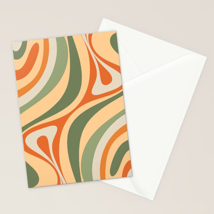 Retro Abstract New Groove Swirl Pattern in Mossy Sage Olive Green Apricot Orange Stationery Card Gallery Image 2
