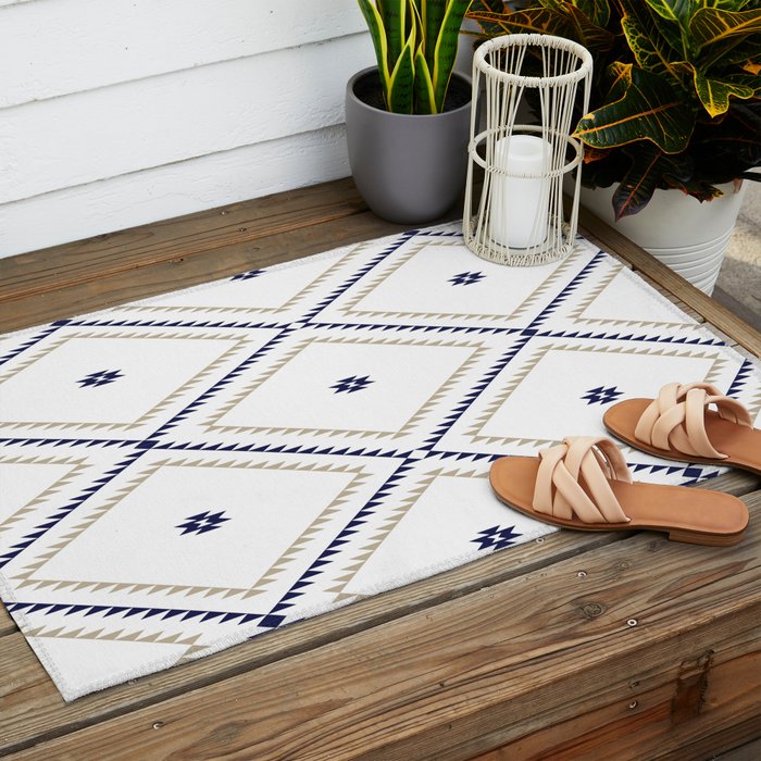 Southwestern Geometric - Tan Navy White Outdoor Rug Gallery Image 2
