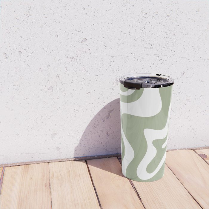 Liquid Swirl Abstract Pattern in Sage Green and White Travel Mug Gallery Image 4