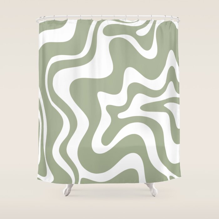 Liquid Swirl Abstract Pattern in Sage Green and White Shower Curtain Gallery Image 1