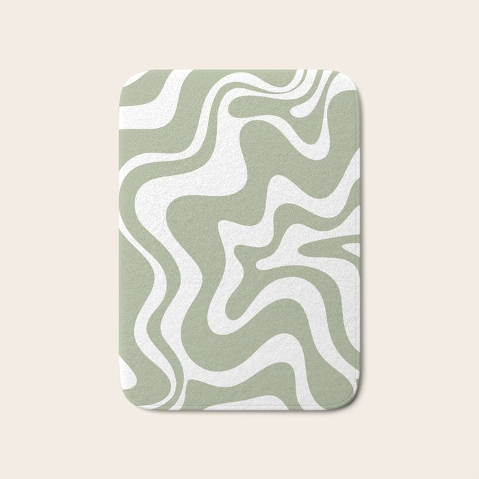 Liquid Swirl Abstract Pattern in Sage Green and White Bath Mat Gallery Image 1