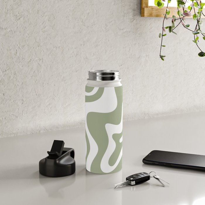 Liquid Swirl Abstract Pattern in Sage Green and White Water Bottle Gallery Image 4