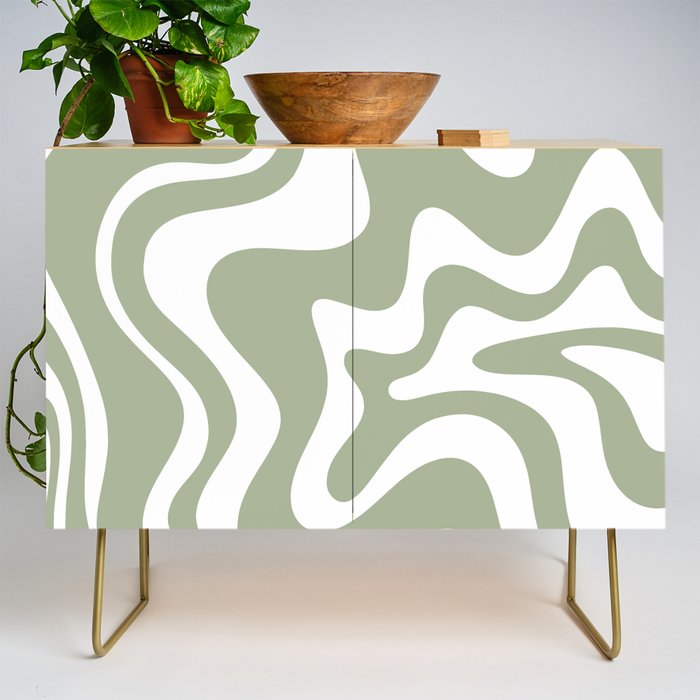 Liquid Swirl Abstract Pattern in Sage Green and White Credenza Gallery Image 1