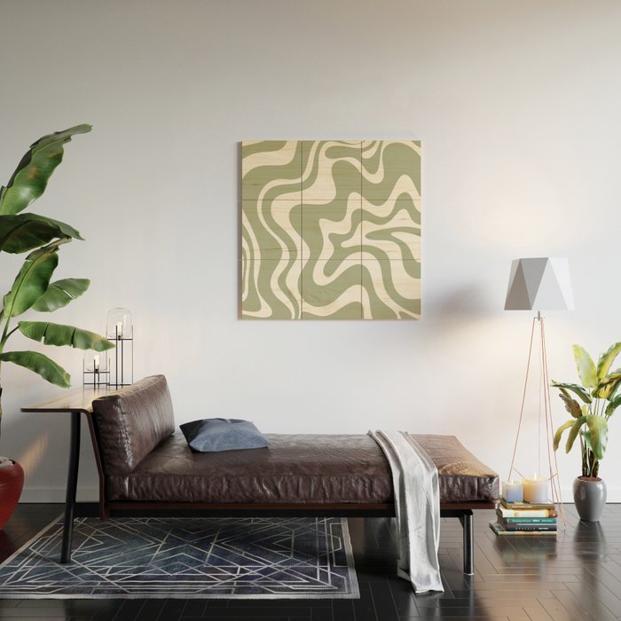 Liquid Swirl Abstract Pattern in Sage Green and White Wood Wall Art Gallery Image 2