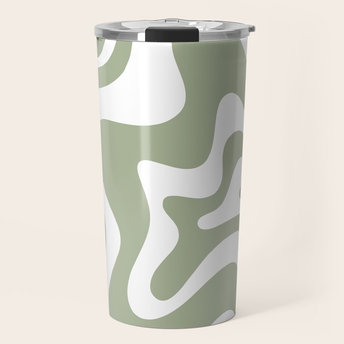 Liquid Swirl Abstract Pattern in Sage Green and White Travel Mug Gallery Image 1