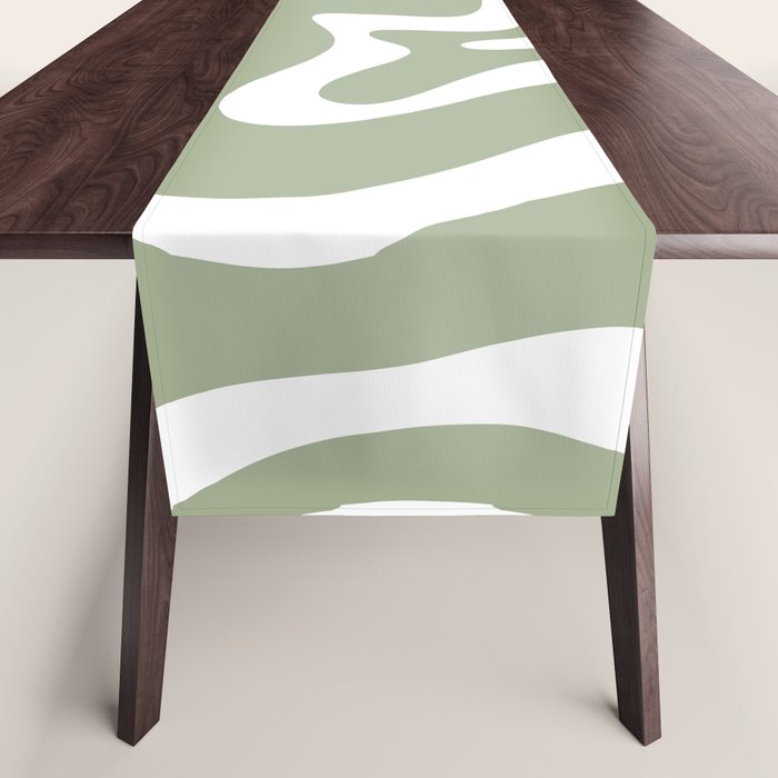 Liquid Swirl Abstract Pattern in Sage Green and White Table Runner Gallery Image 1