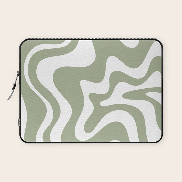 Liquid Swirl Abstract Pattern in Sage Green and White Laptop Sleeve Gallery Image 1