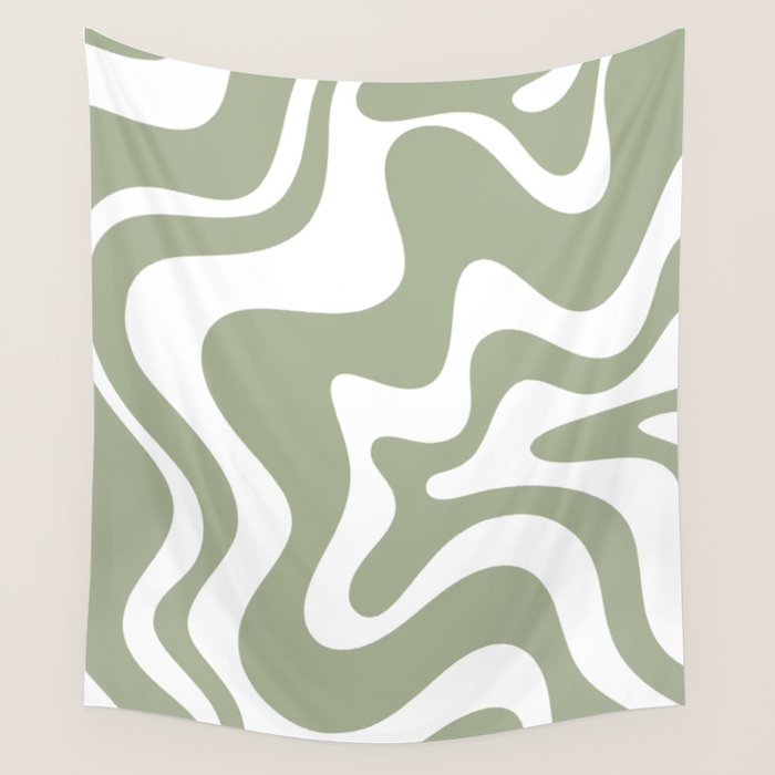 Liquid Swirl Abstract Pattern in Sage Green and White Wall Tapestry Gallery Image 1