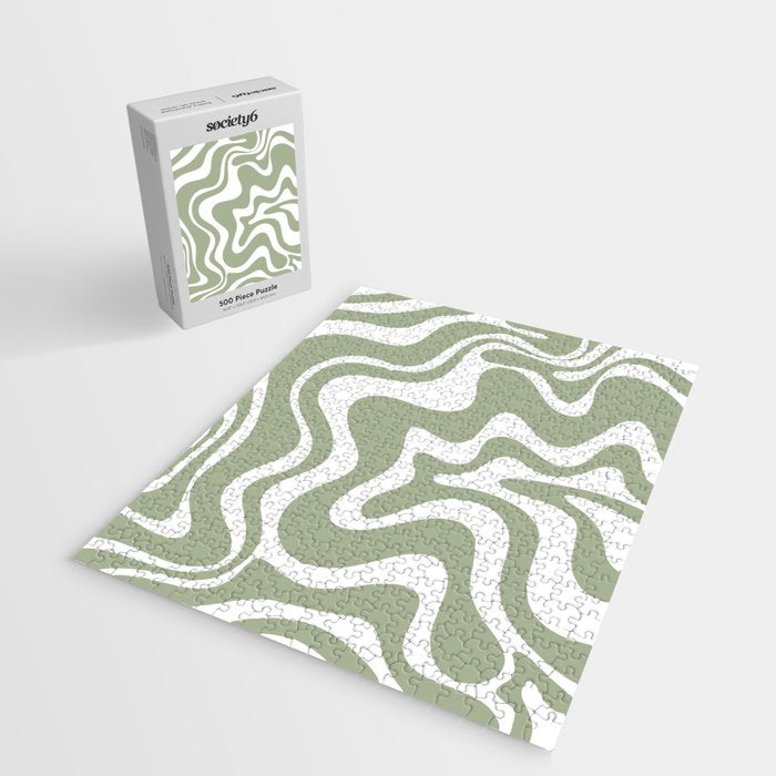 Liquid Swirl Abstract Pattern in Sage Green and White Jigsaw Puzzle Gallery Image 2