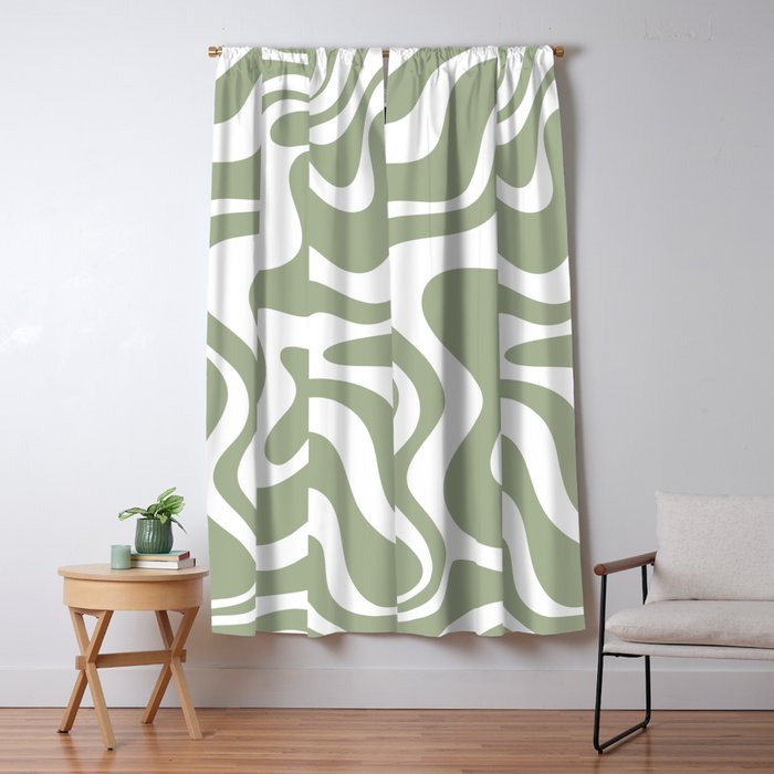 Liquid Swirl Abstract Pattern in Sage Green and White Window Curtain Gallery Image 1