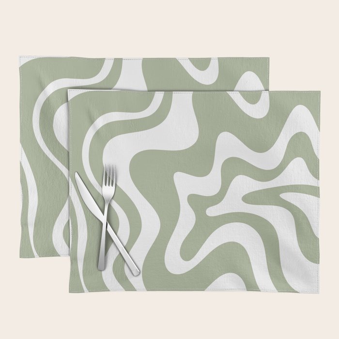 Liquid Swirl Abstract Pattern in Sage Green and White Placemat Gallery Image 1