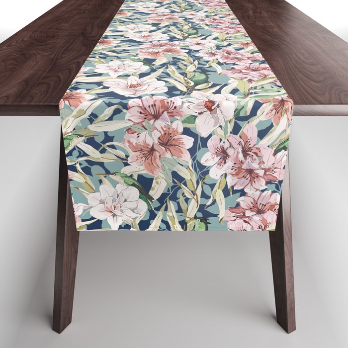 Birds in lush night garden flowers Table Runner Gallery Image 1