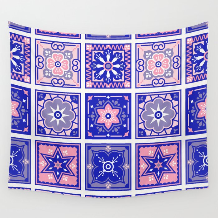 Talavera Mexican Tile - Pink & Periwinkle Palette Wall Tapestry Gallery Image 1