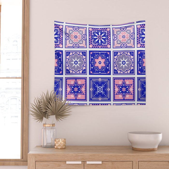 Talavera Mexican Tile - Pink & Periwinkle Palette Wall Tapestry Gallery Image 2