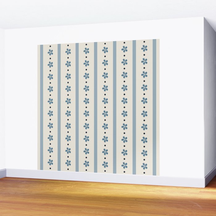 Blue And Cream Stripes And Flowers Wall Mural Gallery Image 2
