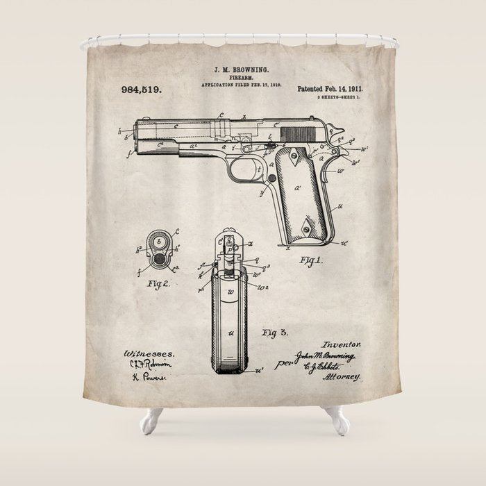 Colt Pistol Patent - Browning 1911 Colt Art - Antique Shower Curtain Gallery Image 1
