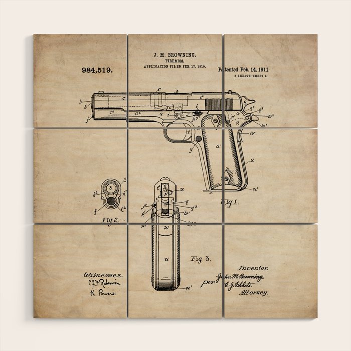 Colt Pistol Patent - Browning 1911 Colt Art - Antique Wood Wall Art Gallery Image 1